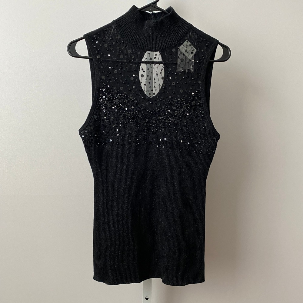 Cache Cotton MobWife Office Siren Sequin Mock Neck Keyhole Sweater L Black